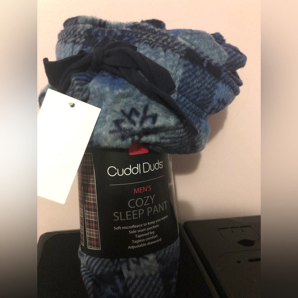 Cuddl Duds Men’s Cozy Sleep Pant - Blue Plaid with Snowflakes
